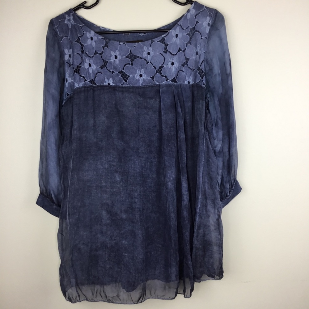 Amanti Blue Blouse Silk Floral Lined Top Small
